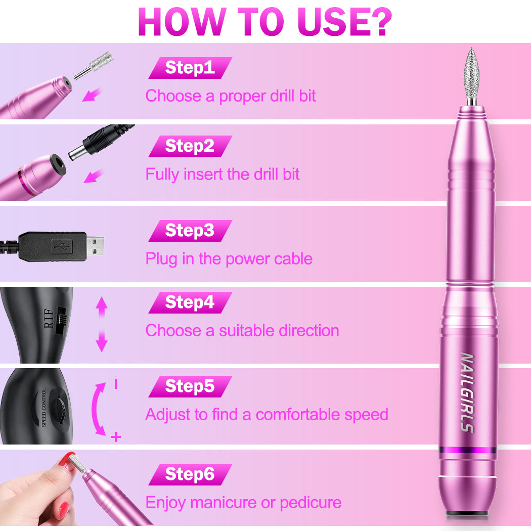 NAILGIRLS Electric Nail File, Portable Nail Drill USB 25000RPM Professional Nail Drill Machine for Acrylic Gel Nails Efile E File Manicure Pedicure Polishing Shape Tools for Home Salon Use-Pink